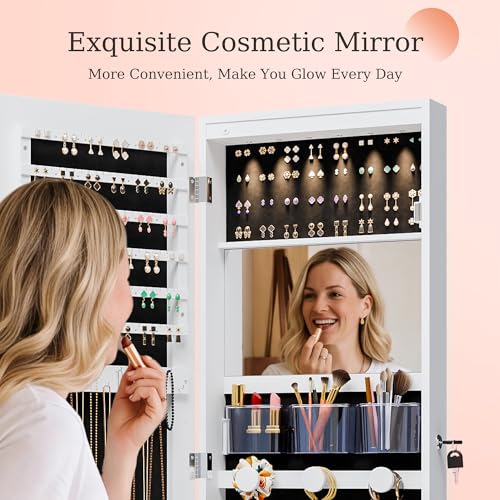 White Lockable Jewelry Cabinet with LED Lights Wall Mount Mirror