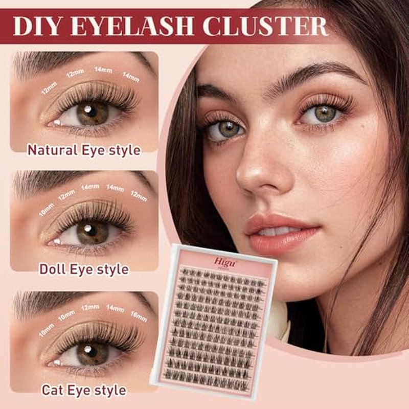 Higu clace Lash Clusters Kit, 144PCS Lashes Clusters Kit with Lash Bond and Seal, C Curl Wispy Cluster Eyelash Extensions Natural Look with Thin Band Easy to use for Beginners (A09£©
