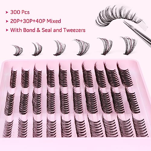 Eyelash Extensions Kit 300 Pcs Lash Clusters Individual Lashes with Strong Hold Lash Bond and Seal and Cluster Eyelashes Applicator Tool (20D/30D/40D)