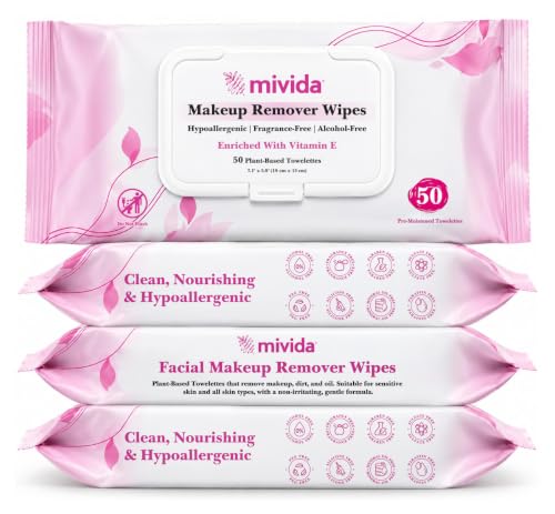 mivida Fragrance-Free Hypoallergenic Makeup Remover Wipes Bulk Pack of 4 x 50 (200 Count), Sensitive Skin, Vitamin E, Dermatologist Tested