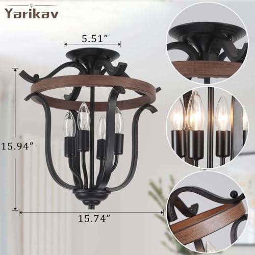 Yarlkav Farmhouse 4 Light Cage Chandelier - Black & Imitation Wood Grain Rustic Pendant Light Fixture, Dimmable Ceiling Light for Dining & Kitchen