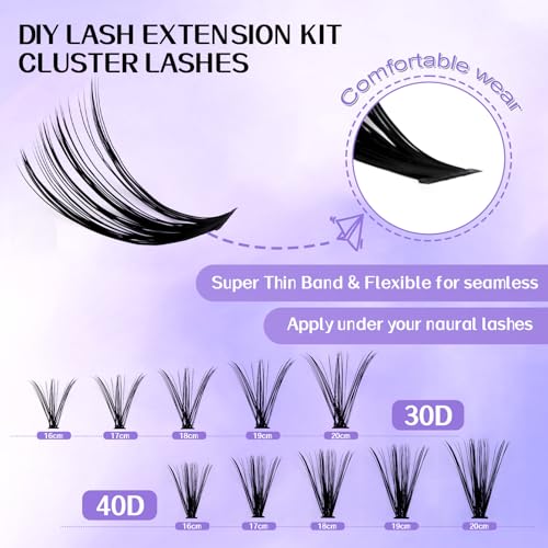 WENDY Lash Extension Kit Lash Clusters Kit D Curl Cluster Lashes 30+40D Individual Lashes with Lash Bond and Seal Lash Applicator Lash Glue Remover Brush Eyelash Clusters(30D+40D-D Kit,16-20mm)