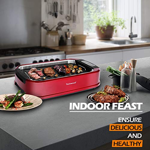 Techwood Smokeless Indoor Grill - Single Rose Red Non-Stick Plate, 1500W Portable Electric Korean BBQ