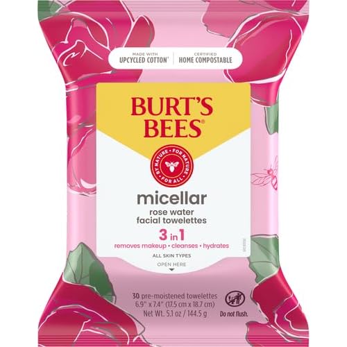 Burt's Bees Facial Towelettes, Micellar with Rose Water, All Skin Types, 30 ct Pack of 2 | Pre-Moistened | 99.5% Natural Origin