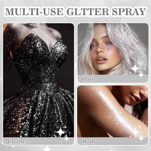 Body Glitter Spray Silver Glitter Spray for Hair Body and Clothes, Quick-Drying Shimmer Powder for Kids, Suitable for Christmas Concert Festival Halloween Party- 4.22 Fl Oz, Silver