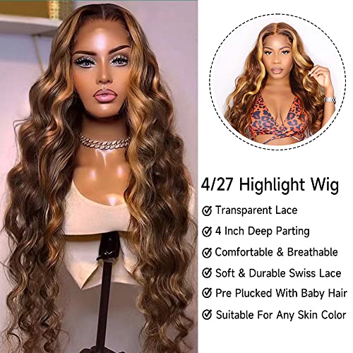 28 Inch Highlight Ombre Lace Front Wig Human Hair Pre Plucked Body Wave for Women - Honey Blonde
