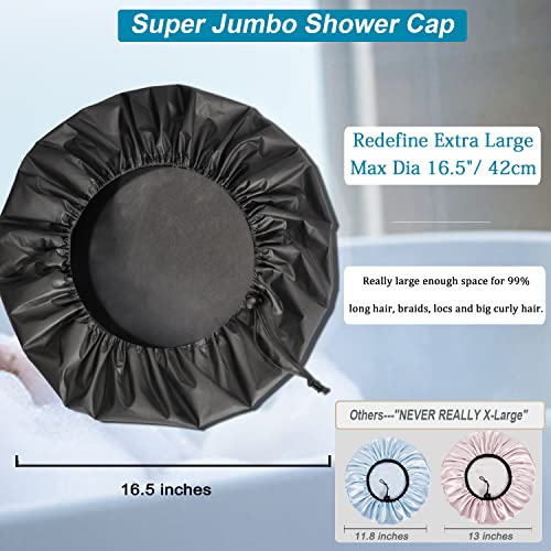 2X-Large Satin Lined Shower Cap for Long Hair & Braids - Waterproof Edge, Extra Large, Black
