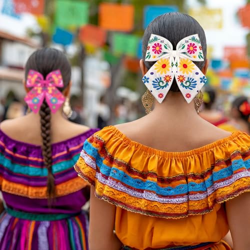 Mexican Embroidered Hair Bows Set - 4 Colorful Floral Clip Accessories for Women - Classic Variation