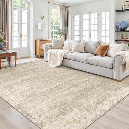 Beige 8x10 Modern Abstract Washable Area Rug for Living Room - Non-Slip, Soft Microfiber