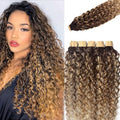 Water Wave Tape in Hair Extensions - Ombre Brown Honey Blonde Highlights, 14 Inch, 50g/Pack, 20pcs, Reusable Invisible Tape, Natural Remy Human Hair - Variation #4/27/4(WW)