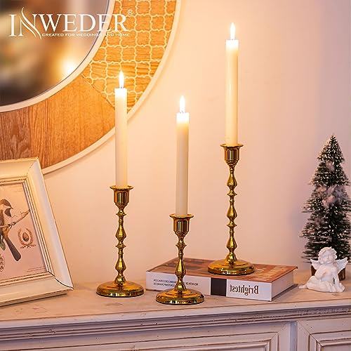 Gold Brass Taper Candle Holders Bulk - 5 Sets (15 Pcs) Vintage Bamboo Design