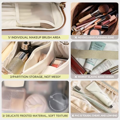 Brown Travel Makeup Bag for Women Flat Open Cosmetic Organizer