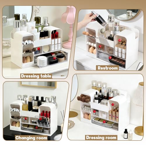 Makeup Organizer for Vanity with Brush Holder, Large Cosmetic & Skincare Organizer Countertop with Muti-Drawers, Cosmetic Display Case for Lipsticks, Nail Polishes, Perfumes, Eyeshadow (white)