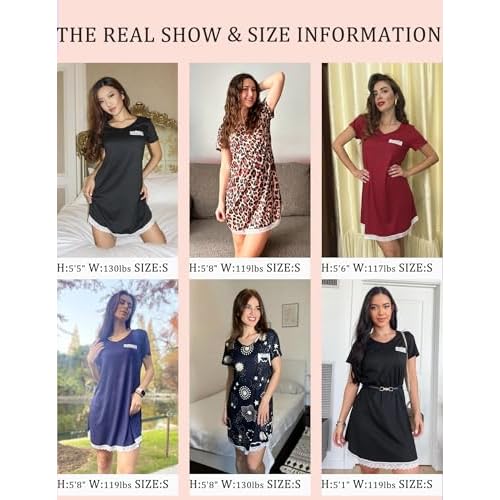 Ekouaer Women's Nightgown Sleepwear Soft Sleepshirt Short Sleeve Lace Trim Nightshirt Sexy Pajama Dress
