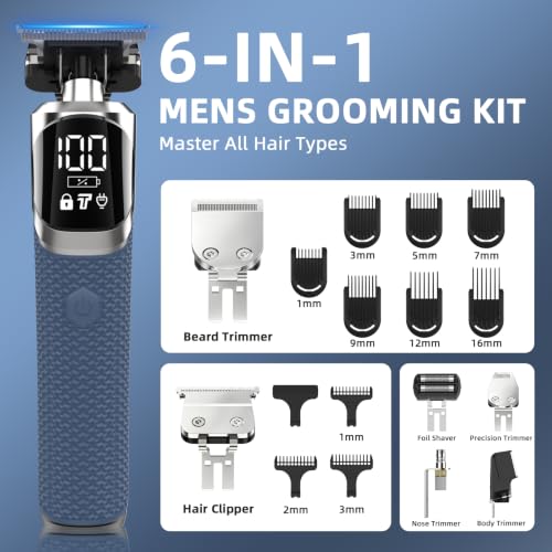 Blue 6-in-1 Men's Beard Trimmer & Electric Shaver Set - Hair Nose & Body Grooming