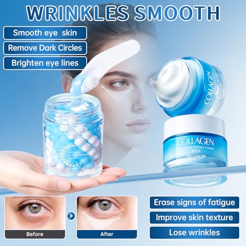BECHOICEN Collagen Skincare Set for Women – Blue 7-Piece Face Care Kit with Cleanser, Toner, Serum, Eye Cream, Face Cream & Masks – Hydrating & Firming Routine
