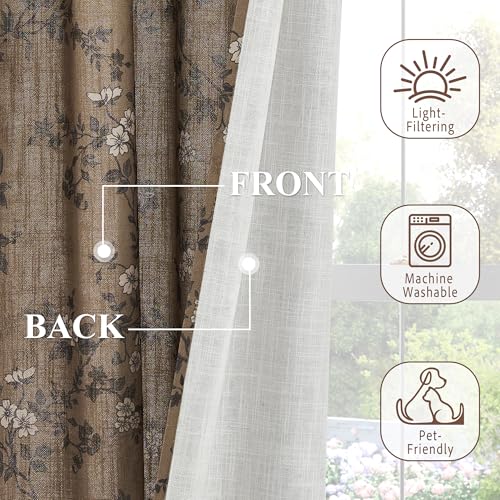 A-khaki Linen Floral Butterfly Curtains 52"W x 84"L 2 Panels - Elegant Window Drapes