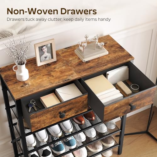 5-Tier Shoe Rack with Drawers - Rustic Brown & Black, Large Capacity, Metal & Wood