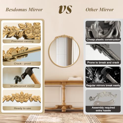 Gleaming Gold 27x27 Inch Ornate French Vintage Vanity Mirror - Baroque Style