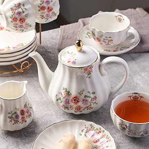 Rose Flower Porcelain British Royal Tea Set for 6 with Teapot & Accessories