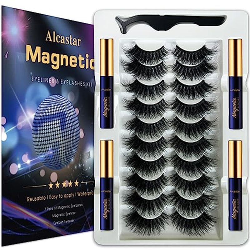 Alcastar Magnetic Eyelashes with Eyeliner Kit, Synthetic Fiber, Natural Look, Waterproof, No Glue Required (BT-1022)