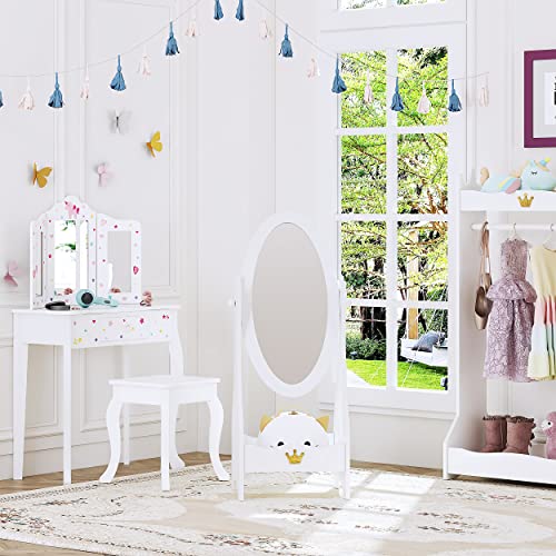 Kids Full Length Floor Mirror with Crown Design, Adjustable Angle & Storage