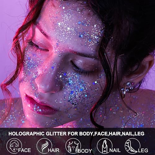 Glow in The Dark Body Face Glitter Gel for Women, 12 Colors Glitter Gel Makeup Chunky Fine Glitter, UV Black Light Accessories for Body/Face/Hair/Eyeshadow, Carnival Party(Not Loose Glitter)