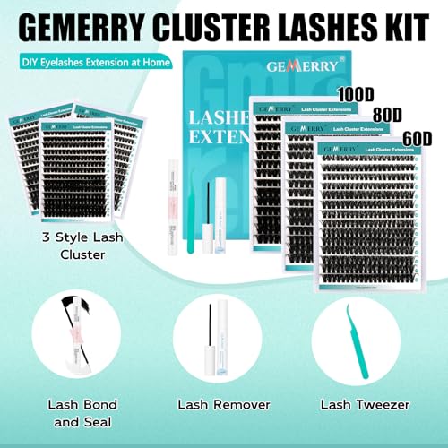 GEMERRY DIY Lash Clusters Kit 10-18mm 60D+80D+100D D Curl Eyelash Extension Set