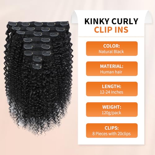 MAHKOTAKU 20 Inch Natural Black Kinky Curly Clip-In Hair Extensions 8Pcs 120g for Black Women - Variant 1B