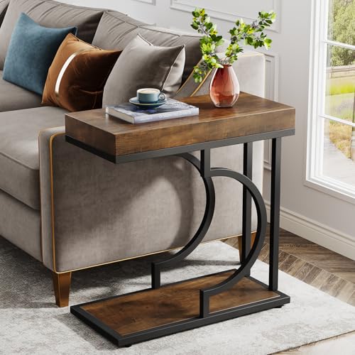 Tribesigns Narrow C Shaped Side Table for Couch Brown+Black - Small Living Room Sofa End Table