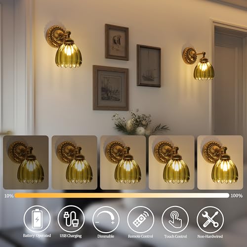 Gold + Green Tulip Glass Battery-Operated Wall Sconce 2-Pack - Vintage Wall Light with Remote & Dimming