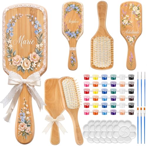 DIY Wooden Hairbrush Painting Kit Set - 6 Square Natural Combs & Paints