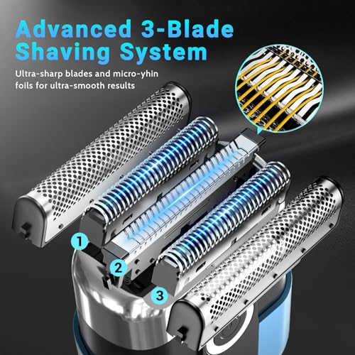 Mini Electric Razor for Men Face - Blue, 3-Blade Waterproof Shaver