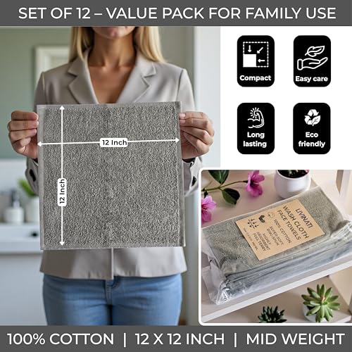 Gray Cotton Washcloths Set of 12 - 12x12 Inch Soft Bath Rags for Body & Face - LIVINATI