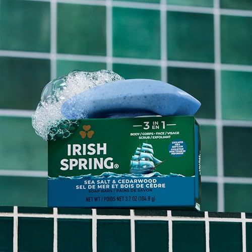 Irish Spring Men’s 3-in-1 Body Wash, Face & Exfoliating Bar, Sea Salt & Cedarwood, 3.7 oz (24 Pack)