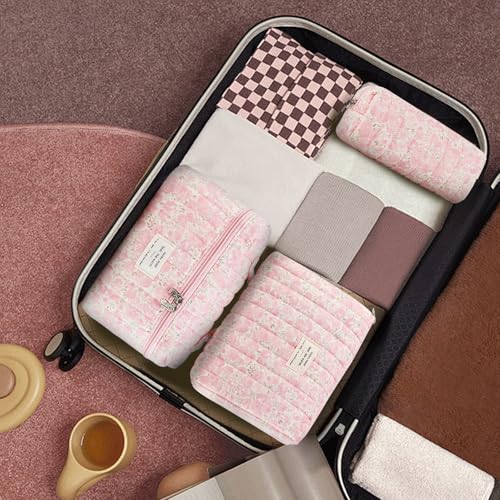 Pink Floral Quilted Makeup Bag Set – Large Travel Cosmetic Pouches for Women and Girls