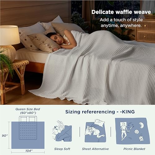Bedsure 100% Cotton Waffle Weave Blanket - King Size, White, 104x90 Inch - Variation 01 White / King