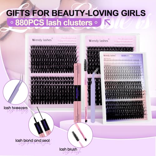 Wendy Lash Clusters Kit With Bottom Lashes 40D+50D+60D+80D+100D+150D 880-Pcs Fluffy Eyelash Clusters D Curl Lashes Extension Soft Eyelash Extension Kit Wispy Natural DIY at Home