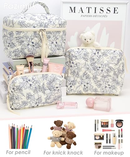 Quilted Makeup Bag Set for Women - 3 Pieces, Travel & Storage