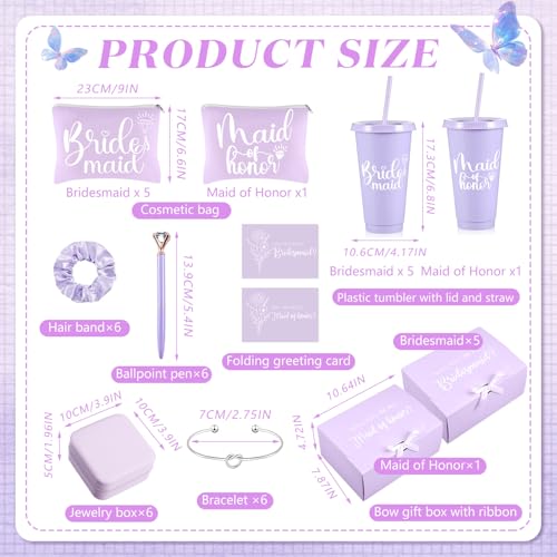 Purple Bridesmaid Proposal Gift Set for Bridesmaids & Maid of Honor with Straw Cups, Jewelry & Accessories - Variation: Purple