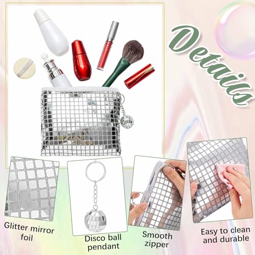 Silver Disco Sequin Makeup Bags - Pack of 20 with Ball Keychain - 70s Style