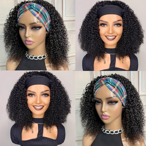 Kinky Curly Headband Wig Human Hair Natural Color 14 Inch for Black Women - Curly Virgin Brazilian Hair, 150% Density, Glueless, Style & Go