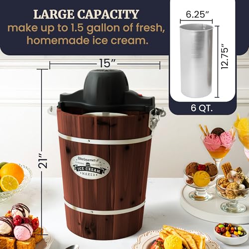 Elite Gourmet Walnut 6 Qt Old Fashioned Ice Cream Maker - Classic Design