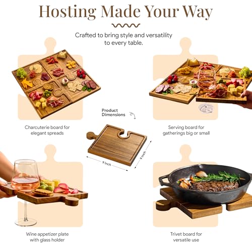 Homesphere Wooden Charcuterie Boards Set of 4 with Interlocking Puzzle Design and Handle - Acacia Cheese & Appetizer Trays for Parties & Gifts