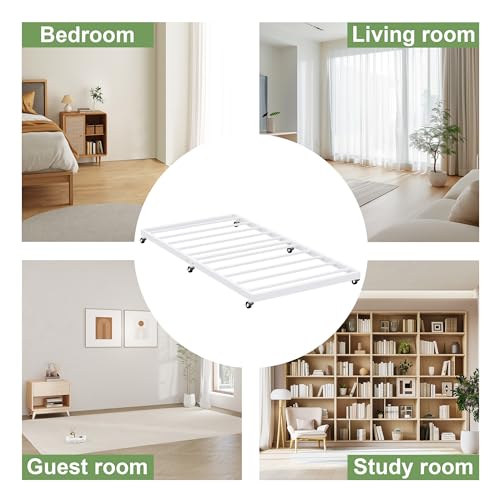 Lutown-Teen White Twin Trundle Bed Frame with Lockable Wheels