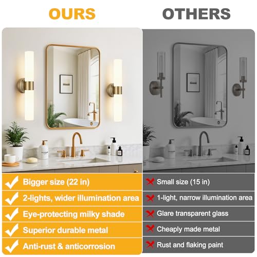 Brass & Milky White Glass Wall Sconces Set of 2 - 22 Inch Modern Bathroom & Bedroom Lighting