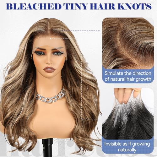 HD 13x6 Lace Front Synthetic Wig - 24 Inch Long Curly Brown Highlight Layered Wigs for Women