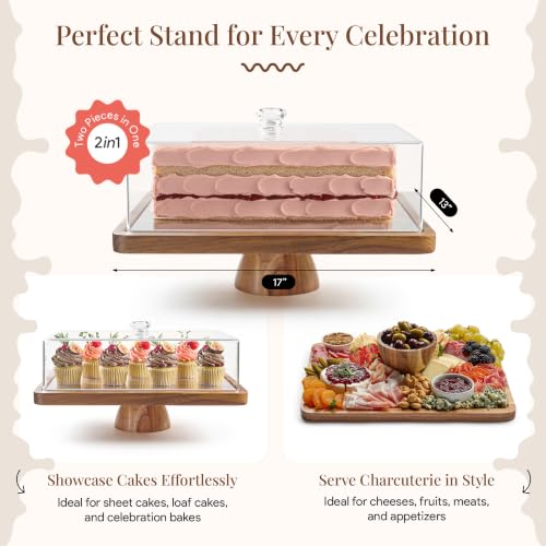 HOMESPHERE Rectangular Acacia Wood Cake Stand with Lid & Charcuterie Board - 17x13