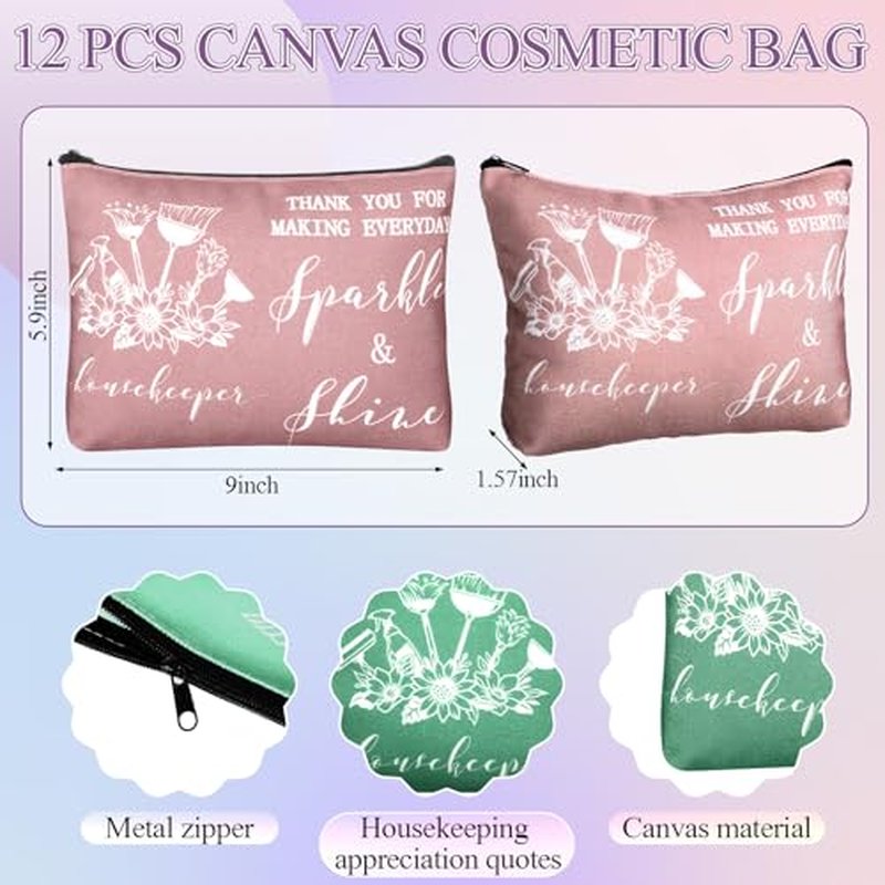 12 Sets Housekeeping Week Appreciation Gifts Housekeepers Cleaning Canvas Makeup Bag Inspirational Mirror Best Housekeeper Ever Keychain Thank You Gift for Team Employee Coworker Cleaner