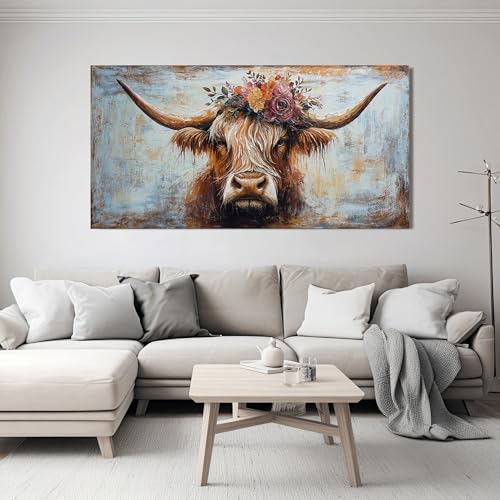 Highland Cow Canvas Wall Art Large 48x24 Inches - Rustic Living Room Decor - JYQ-N Variation
